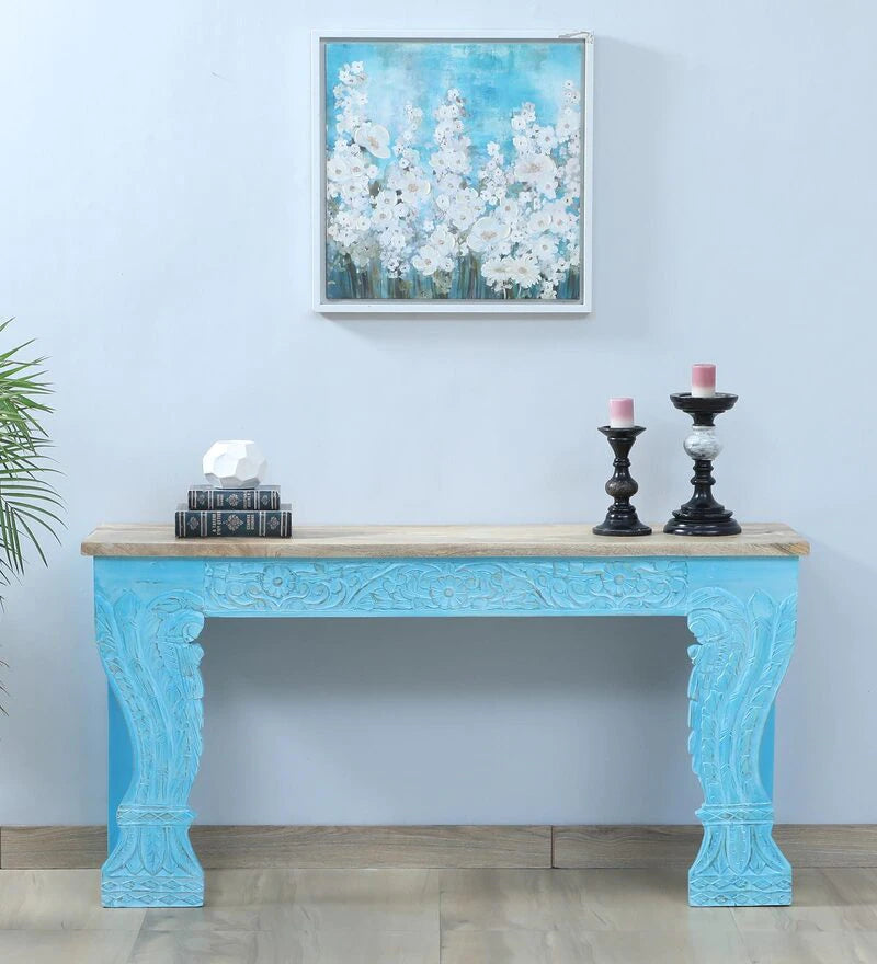 Beedle Solid Wood Console Table In Blue Distress Finish