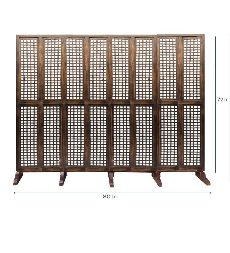 Wooden Bazar Brown Floral Hand carved Wooden Room Divider Four Panels In Wooden Net Pattern With Stand