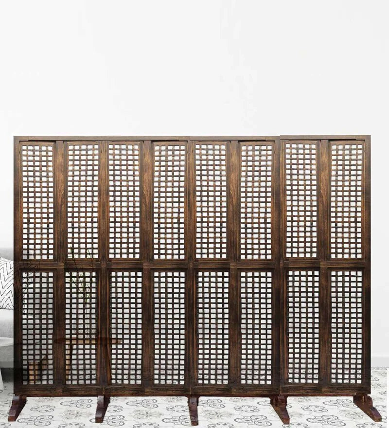 Wooden Bazar Brown Floral Hand carved Wooden Room Divider Four Panels In Wooden Net Pattern With Stand