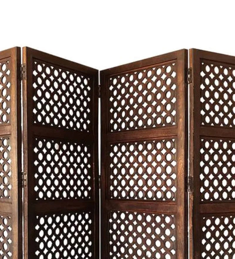Wooden Bazar Brown Floral Hand carved Wooden Room Divider Four Panels In Ring Pattern