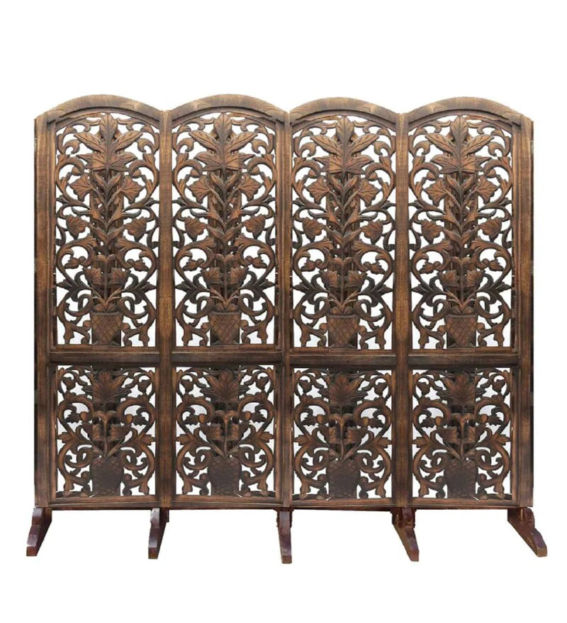 Wooden Bazar Wooden Room Divider Four Panels In Plant With Flower Floral Pattern With Stand