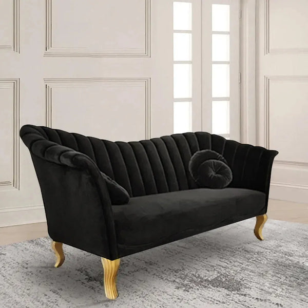 Wooden Bazar  Black Velvet Upholstered Sofa Channel Tufted 3-Seater Sofa in Gold