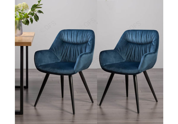 Wooden Bazar Blue Velvet Fabric Dining Chair in Pair with Sand Black Powder Coated Legs