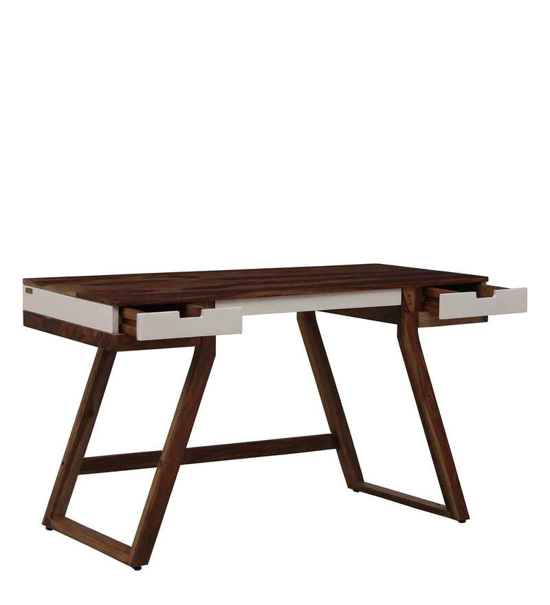 Futura Solid Wood Study Table in White on Rustic Teak Finish