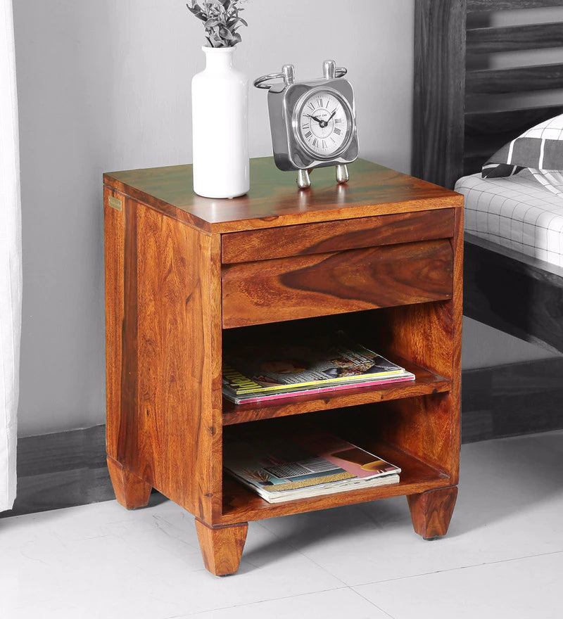 Wooden  Solid Wood Bedside Table In Rustic Teak Finish