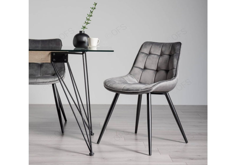 Wooden Bazar Velvet Fabric Dining Chair in Pair with Sand Black Powder Coated Legs