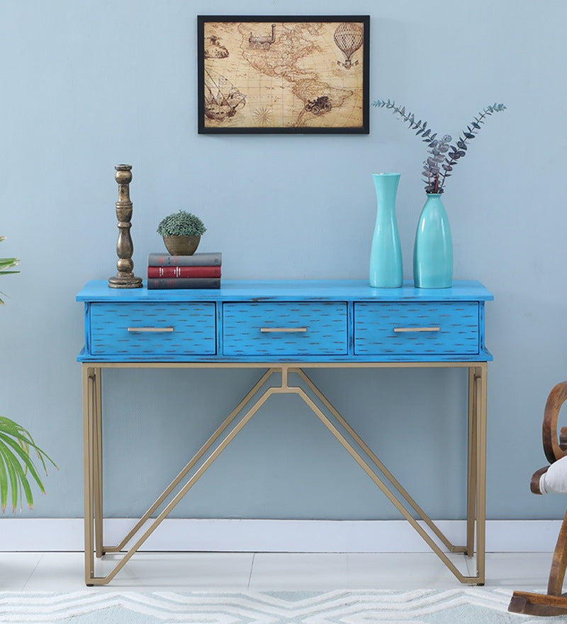 Tristan Console Table in Distressed Blue Finish on Golden Base