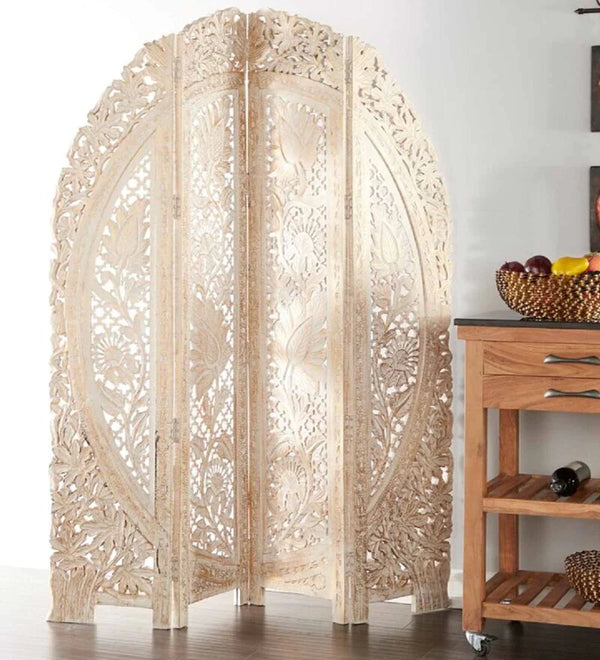 Wooden Bazar White Floral Handcarved Wooden Room Divider Four Panels