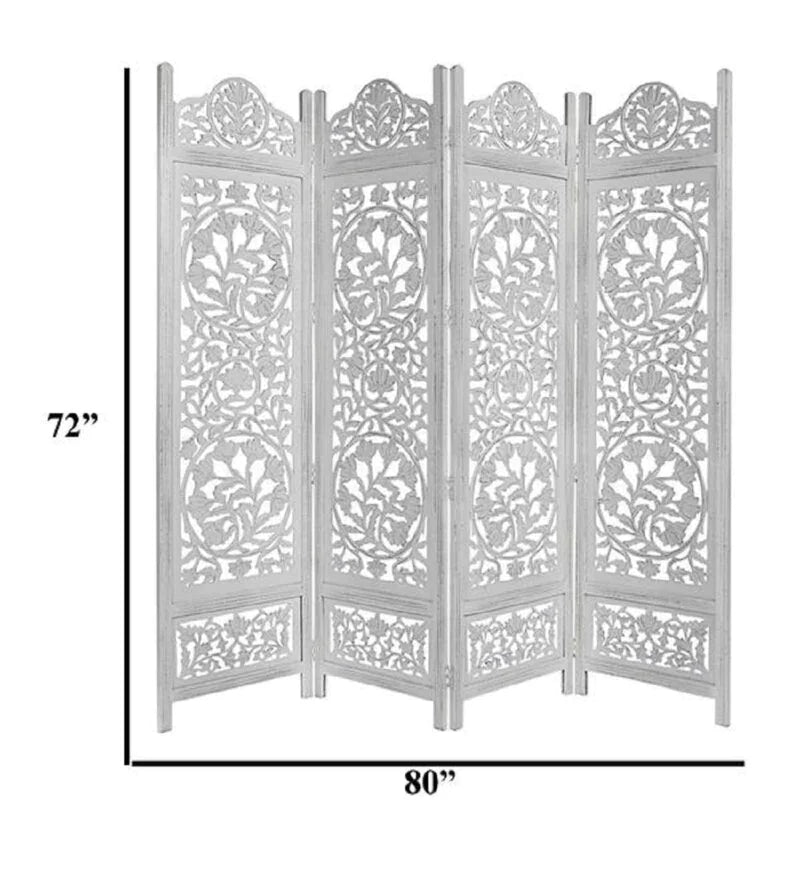 White Floral Handcarved Wooden Room Divider Four Panels