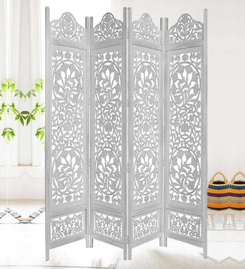 White Floral Handcarved Wooden Room Divider Four Panels