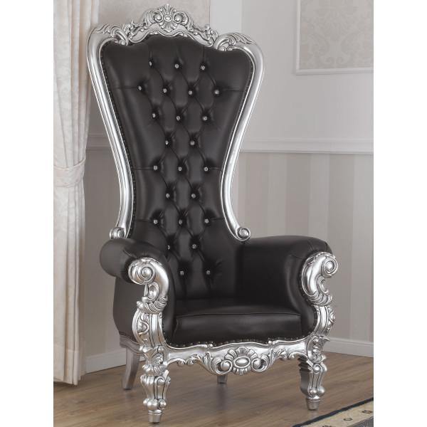 Luxurious High Back throne Silver Leaf & Buttons Chair (Black)